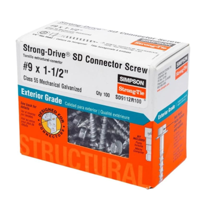 The image shows a white and orange box of #9 x 1-1/2 in. 1/4-Hex Drive, Simpson Strong-Drive Galvanized Structural Connector Screws (100-Pack) by Simpson Strong-Tie, designed for connector applications and exterior grade use.